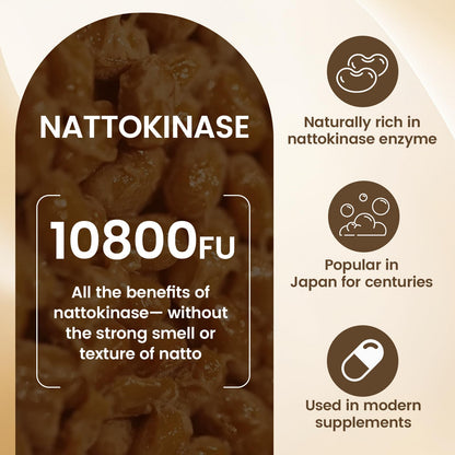 Ultimate Nattokinase 10800 FU Supplement, Natural Support for Circulation & Cardiovascular Health, Odorless Fermented Soy Enzyme, Easy Daily Routine, 60 Capsules