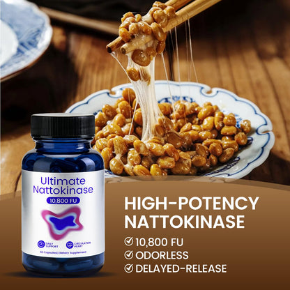 Ultimate Nattokinase 10800 FU Supplement, Natural Support for Circulation & Cardiovascular Health, Odorless Fermented Soy Enzyme, Easy Daily Routine, 60 Capsules