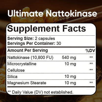 Ultimate Nattokinase 10800 FU Supplement, Natural Support for Circulation & Cardiovascular Health, Odorless Fermented Soy Enzyme, Easy Daily Routine, 60 Capsules